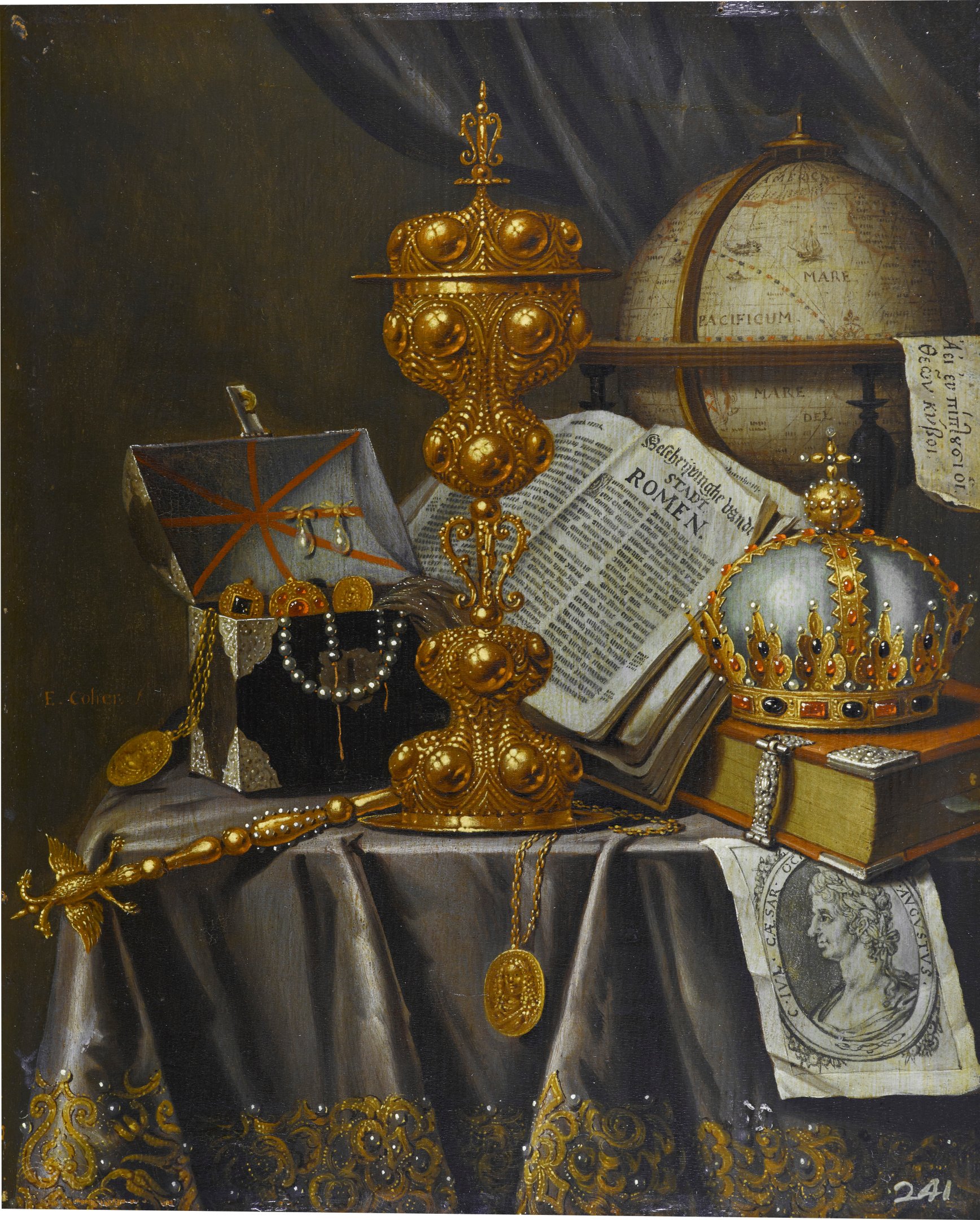 Stillleben mit Krone, Szepter, Pokal und Schmuckkassette