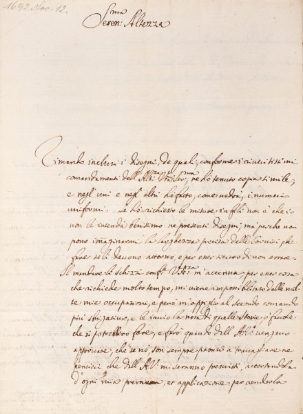 Marcantonio Franceschini an Johann Adam Andreas I. von Liechtenstein: Er retourniert die erhaltenen Zeichnungen der zwei Zimmer im Gartenpalais in der Rossau und legt dem Brief eine Liste der Themen aus den Metamorphosen des Ovid bei, die seiner Meinung nach für die beiden Zimmer in Frage kämen. Er verspricht, die Arbeit ohne jede fremde Hilfe eigenhändig auszuführen und ersucht um die Überweisung des vereinbarten Vorschusses.