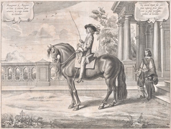 Monseigneur le Marquis estant à cheval, pour Mônsrer la vraije assiette du Cavalier. Blatt 14 aus dem Buch: Methode et Invention Nouvelle de dresser les chevaux […]