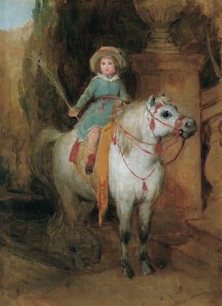 Ölskizze zum Porträt des späteren Fürsten Johann II. von Liechtenstein (1840–1929) auf einem Schimmelpony