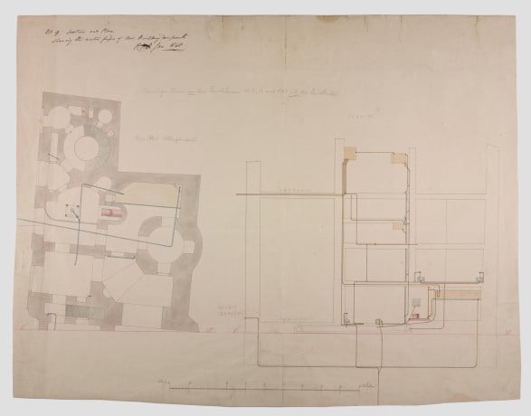 Grundriss und Schnitt des Basteigebäudes vor dem Stadtpalais Liechtenstein in der Bankgasse mit Darstellung der Wasserleitungen