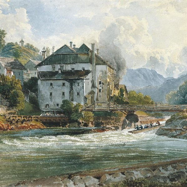Blick auf das Bräuhaus in Lauffen, Blatt 9 der Folge von Ansichten aus dem Salzkammergut