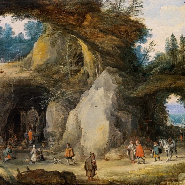 Ein Eremit vor einer Grotte (Berglandschaft mit Pilgern an einer Grotte)