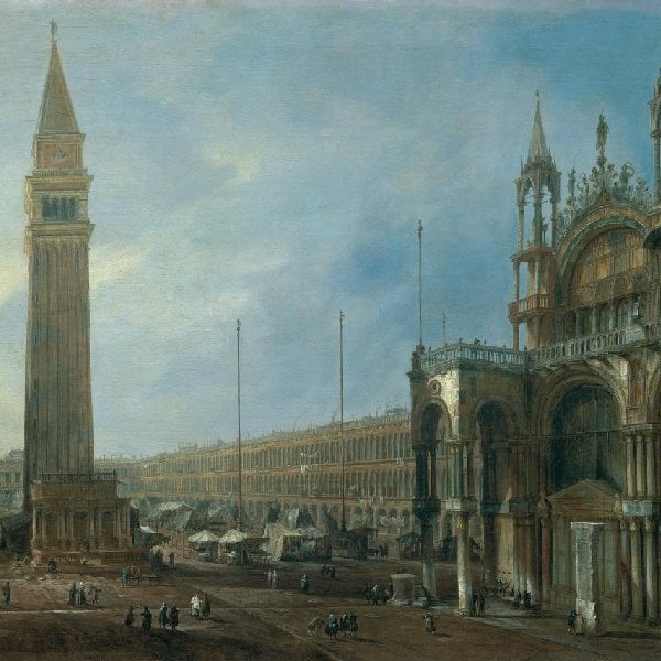 Der Markusplatz in Venedig vom Nordende der Piazzetta gegen Westen mit dem Campanile