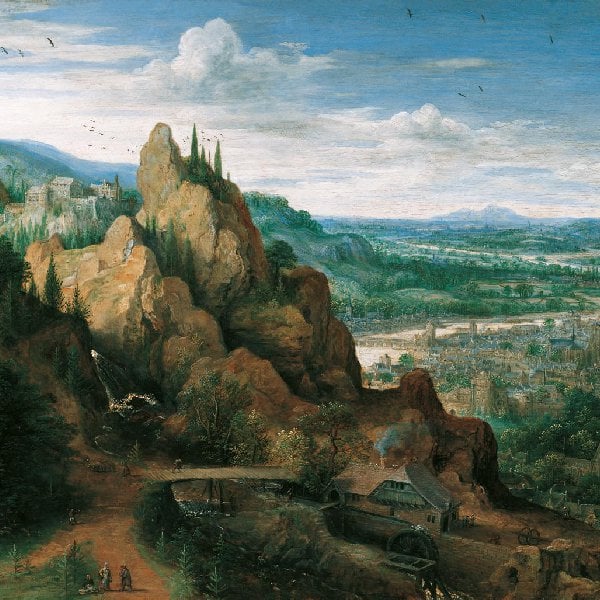 Gebirgslandschaft mit Wasserfall und Mühle