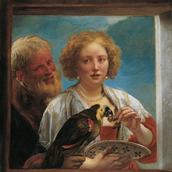 Eine junge Frau mit einem alten Mann und einem Papagei