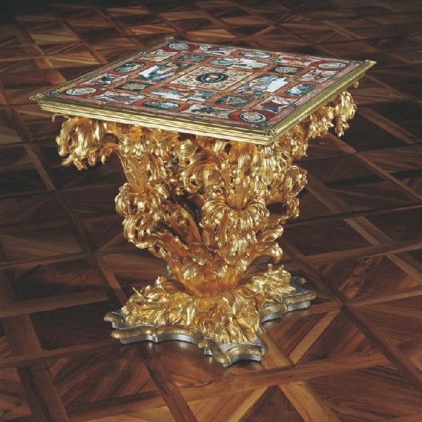 Vergoldeter Holzfuss für eine Pietra Dura-Tischplatte der Castrucci-Werkstatt