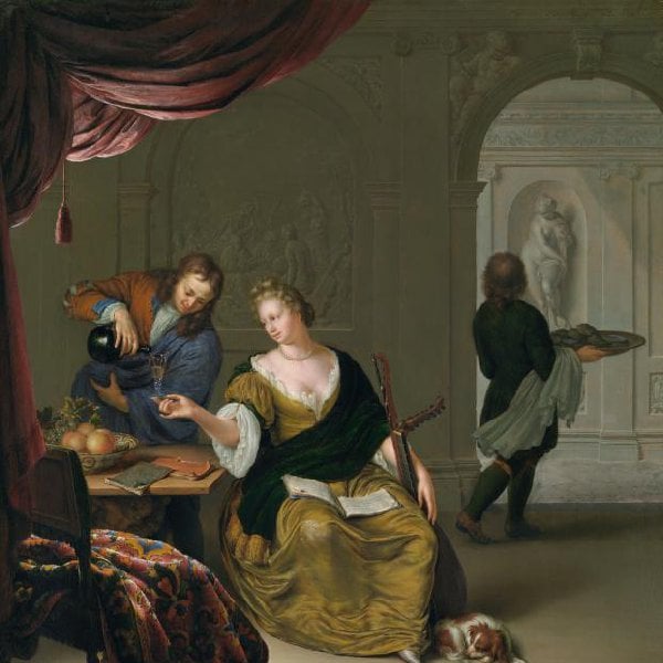 Die vernachlässigte Laute (Eine Dame mit Laute lässt sich in einem prachtvollen Raum Wein einschenken)
