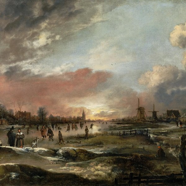 Grosse Winterlandschaft mit Eisvergnügen bei Sonnenuntergang