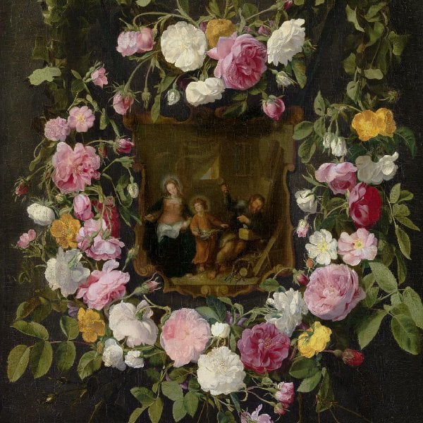 Die Heilige Familie in einer Rosengirlande