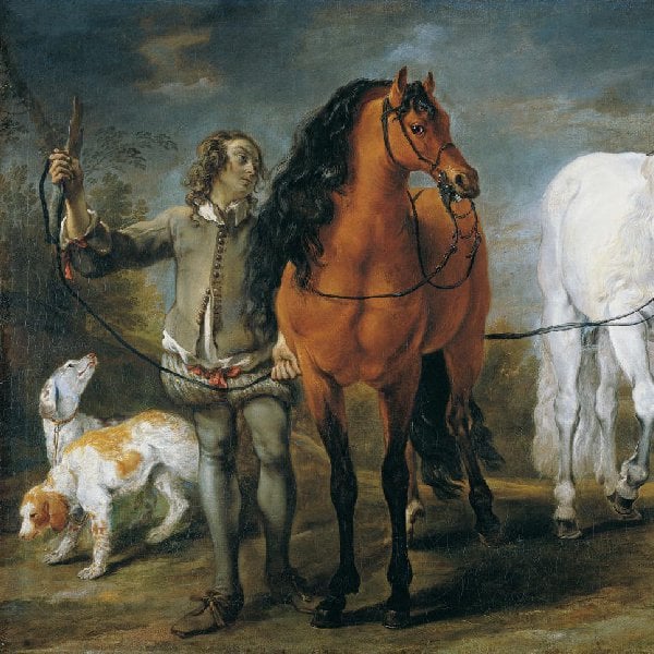Reitknecht mit zwei Pferden und Hunden