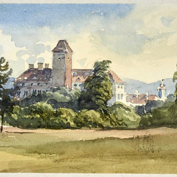 Blick über einen Park auf eine Burg
