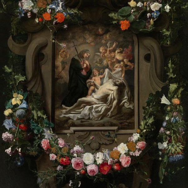 Die Beweinung Christi in einer Kartusche mit Blumen