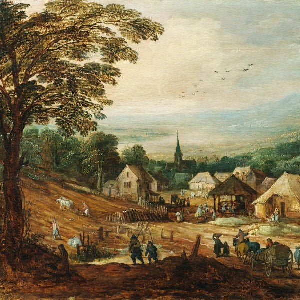 Herbstlandschaft mit Weiler zur Zeit der Ernte und Rückkehr der Herde