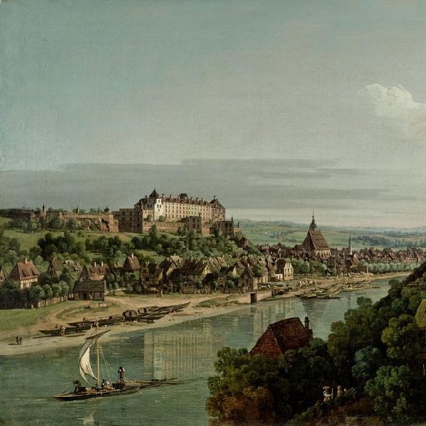 Pirna an der Elbe mit Schloss Sonnenstein, Marienkirche und Rathausturm, gesehen aus der Nähe des Dorfes Posta