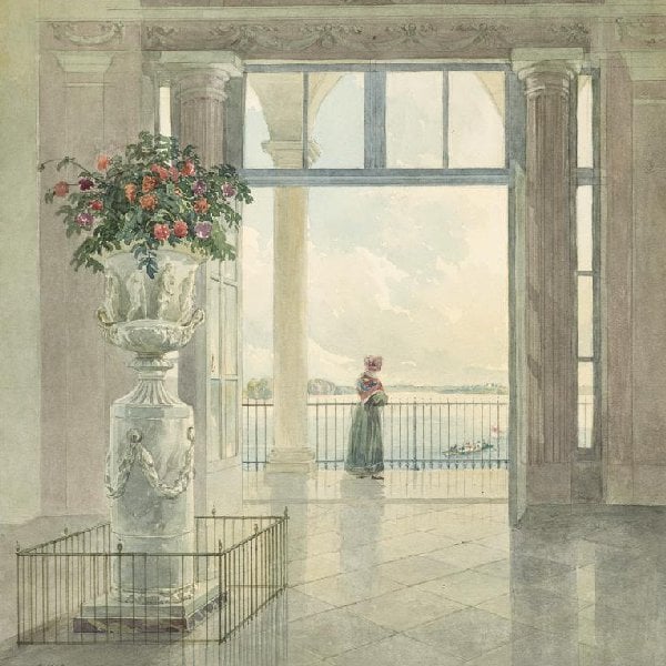 Blick aus dem Saal im 1. Stock des Grenzschlosses über die Terrasse auf den Bischofswarther Teich