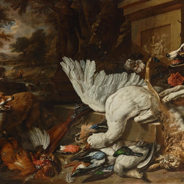 Jagdbeute mit Jagdhund und Fuchs