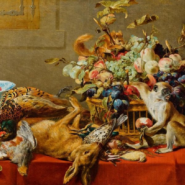 Stillleben mit Früchten, Wild und Gemüse sowie ein lebender Affe, ein Eichhörnchen und eine Katze
