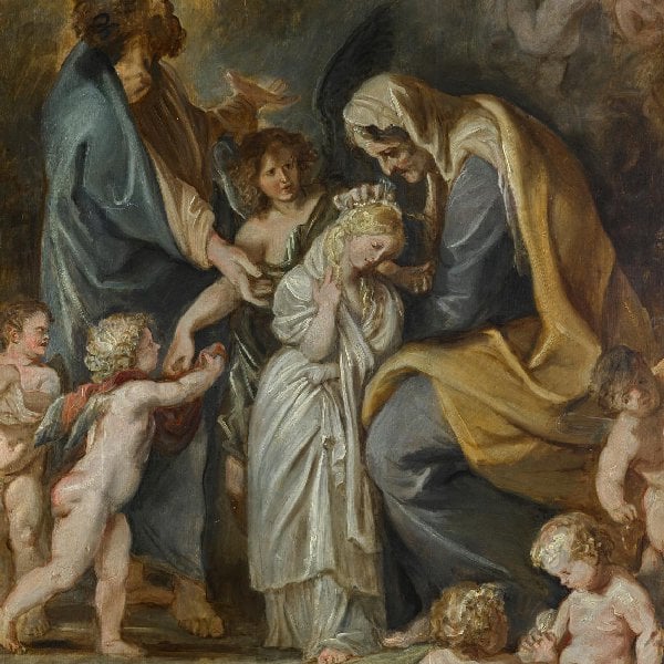 Die heilige Anna schmückt Maria mit Blumen