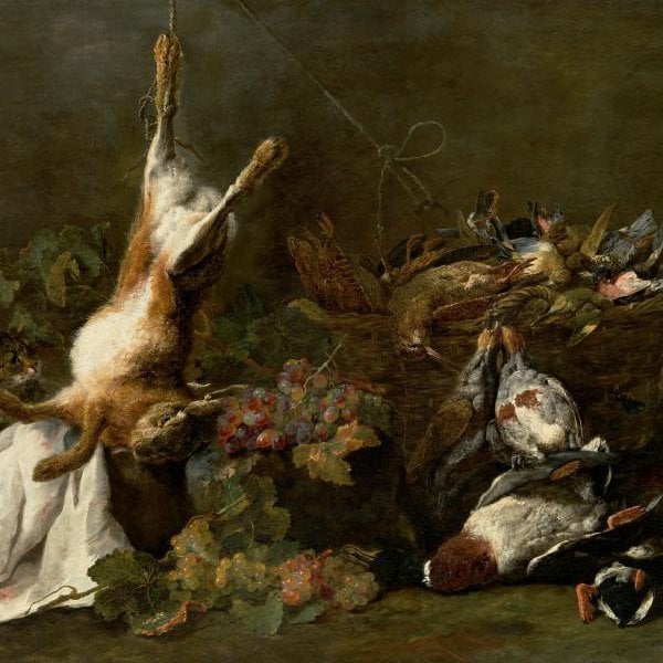 Stillleben mit Früchten, erlegtem Wild und einer Katze
